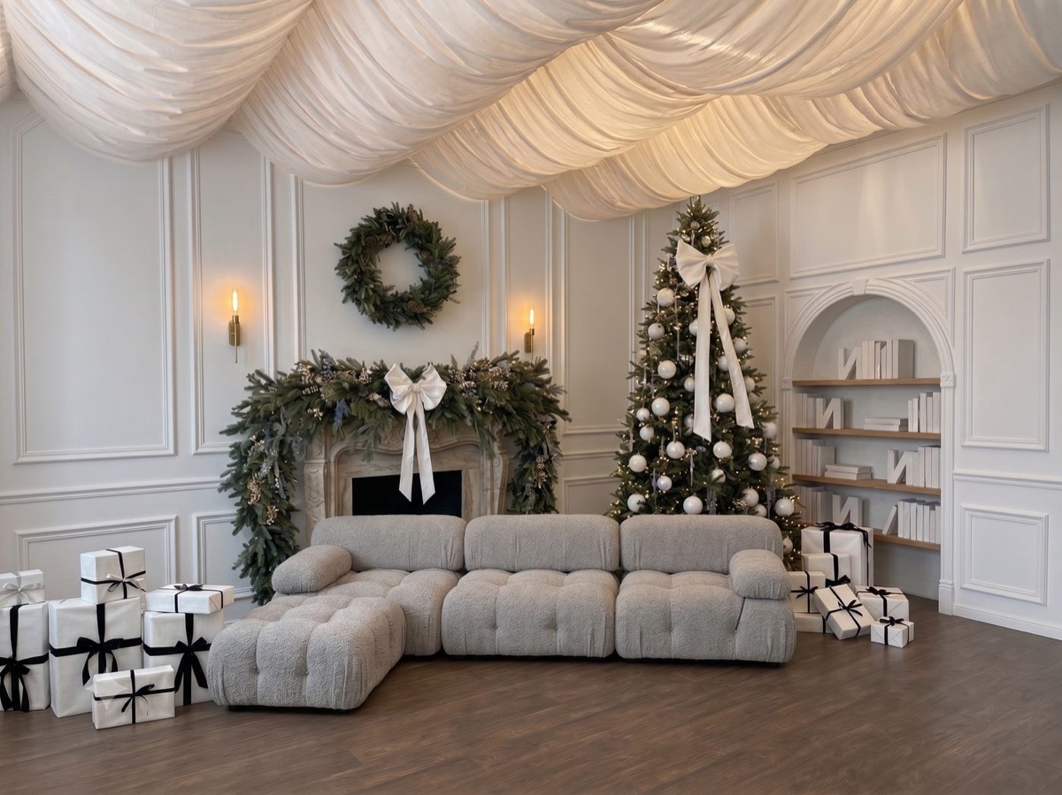 The Blanc Set — ivory hearth, ribbon gifts and velvet-bow tree at Jepson Myles Studio